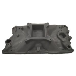 Gray automotive intake manifold, top view.