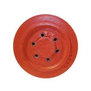 Red industrial pulley with multiple holes