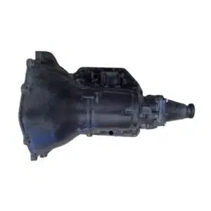Black automotive transmission on white background.