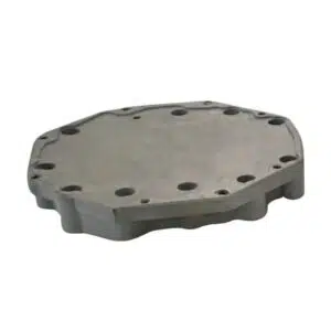 Metal engine cover with bolt holes.